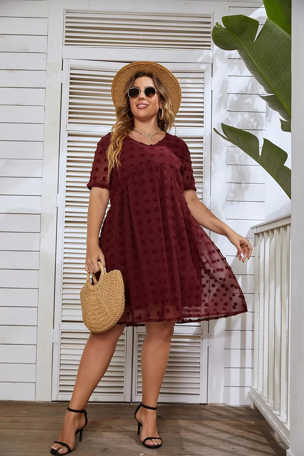 HBEYYTO Women's Summer Short Sleeve Sexy V Neck Flowy Mini Dress Plus Size Casual Dress Swiss Dot Short Loose Fit Sun Dress