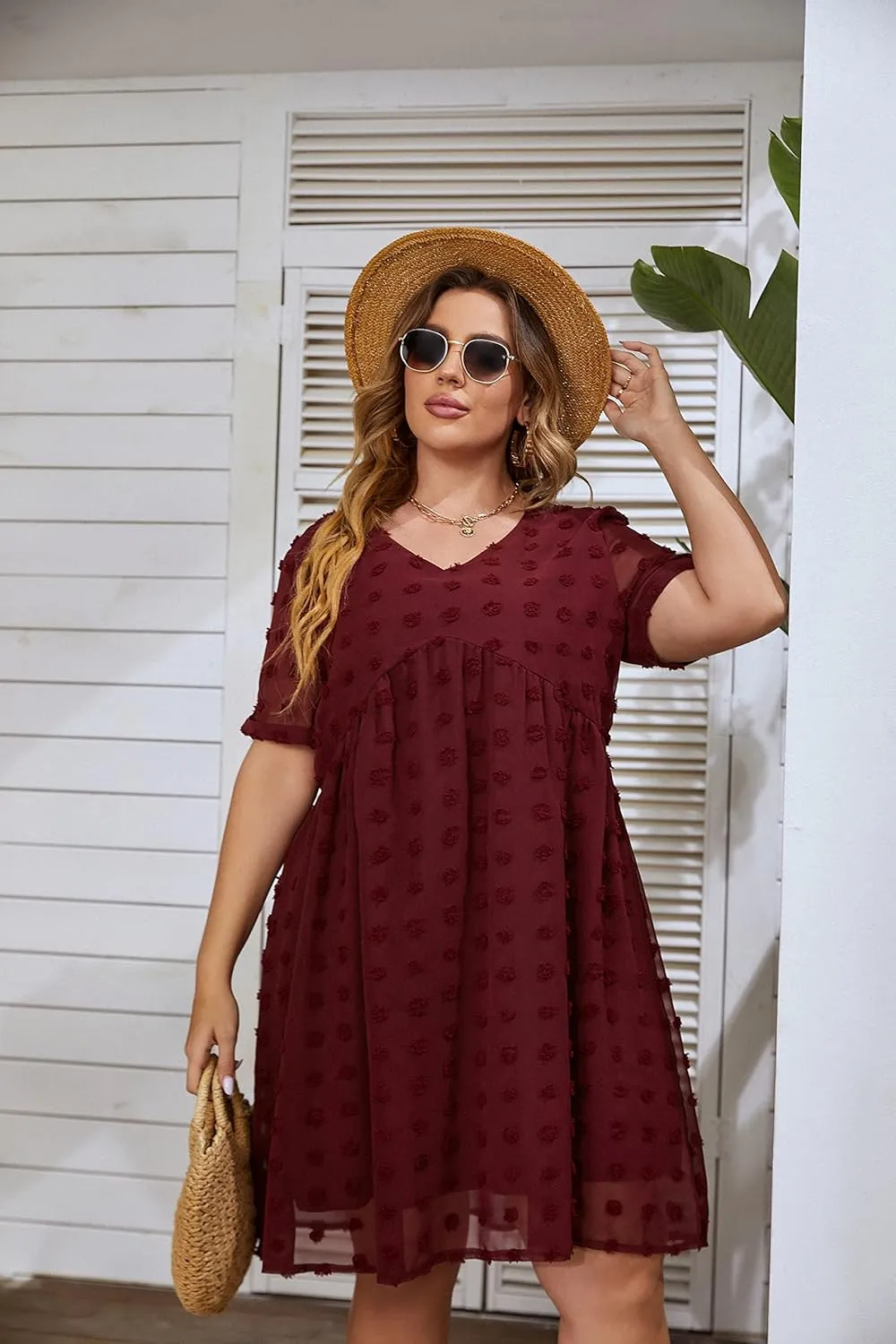 HBEYYTO Women's Summer Short Sleeve Sexy V Neck Flowy Mini Dress Plus Size Casual Dress Swiss Dot Short Loose Fit Sun Dress