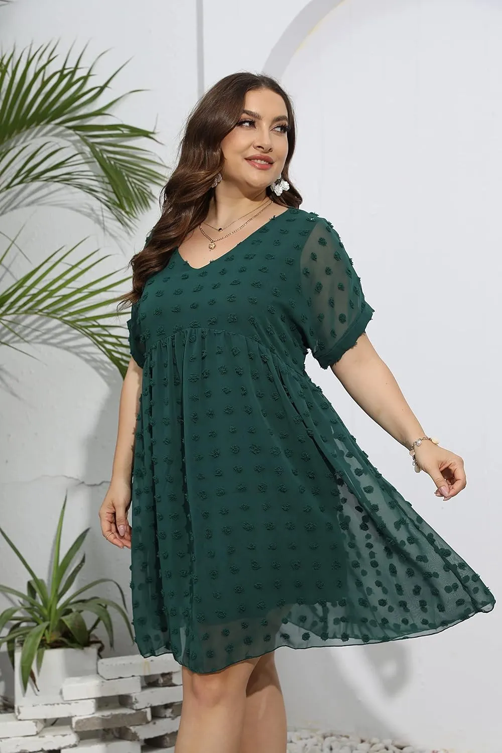 HBEYYTO Women's Summer Short Sleeve Sexy V Neck Flowy Mini Dress Plus Size Casual Dress Swiss Dot Short Loose Fit Sun Dress
