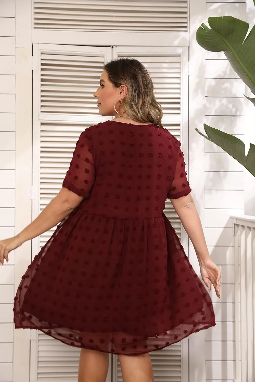 HBEYYTO Women's Summer Short Sleeve Sexy V Neck Flowy Mini Dress Plus Size Casual Dress Swiss Dot Short Loose Fit Sun Dress