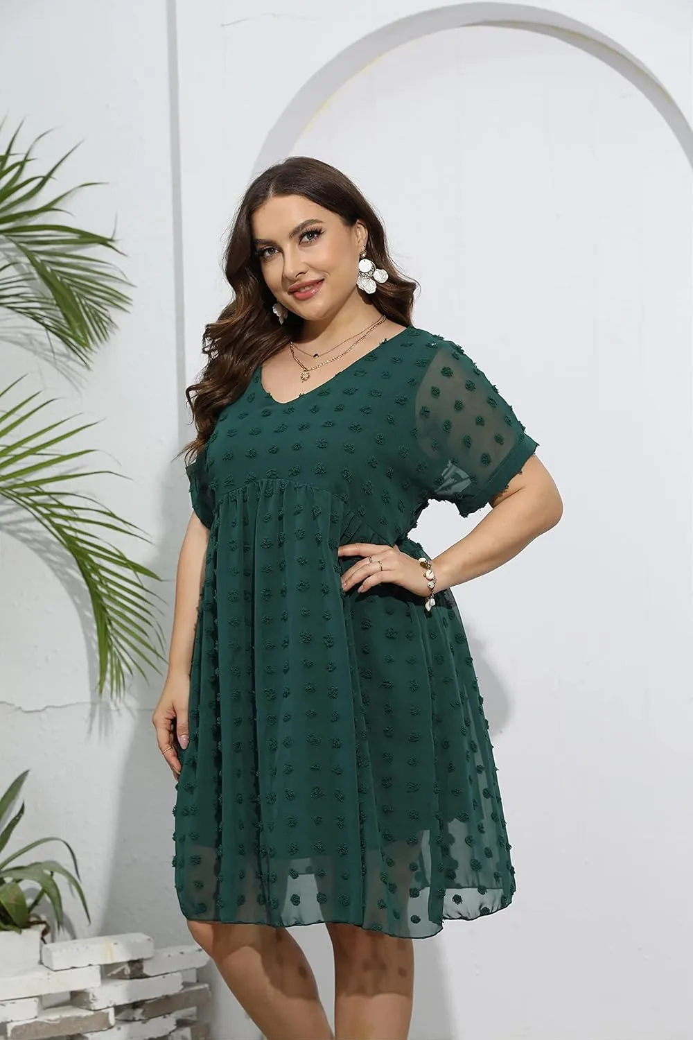 HBEYYTO Women's Summer Short Sleeve Sexy V Neck Flowy Mini Dress Plus Size Casual Dress Swiss Dot Short Loose Fit Sun Dress