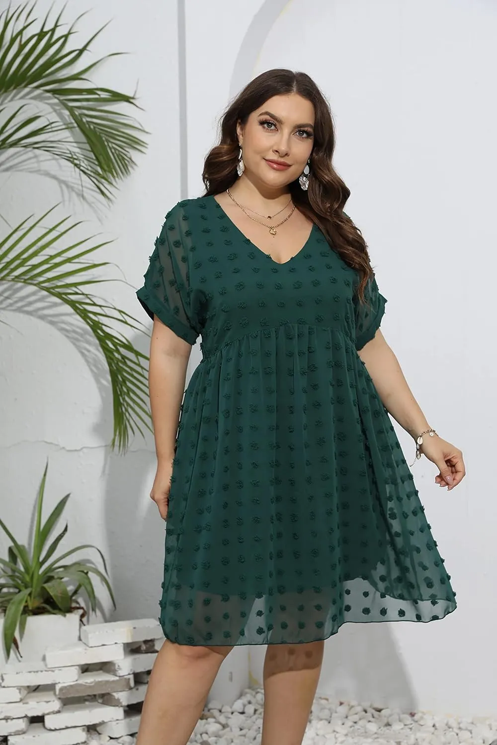HBEYYTO Women's Summer Short Sleeve Sexy V Neck Flowy Mini Dress Plus Size Casual Dress Swiss Dot Short Loose Fit Sun Dress