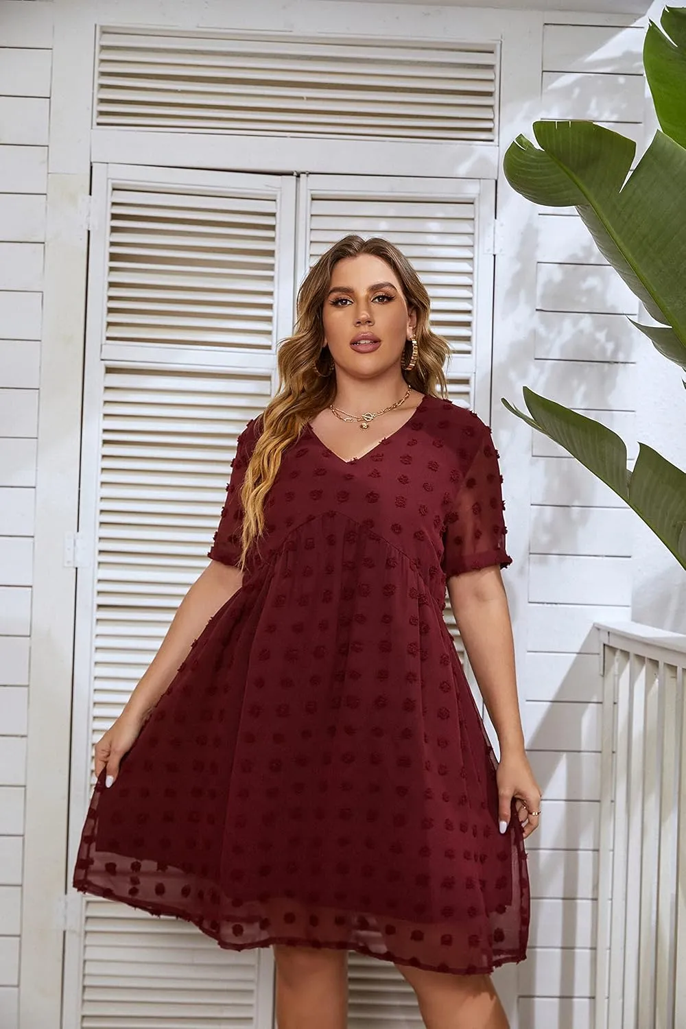HBEYYTO Women's Summer Short Sleeve Sexy V Neck Flowy Mini Dress Plus Size Casual Dress Swiss Dot Short Loose Fit Sun Dress