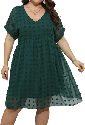 HBEYYTO Women's Summer Short Sleeve Sexy V Neck Flowy Mini Dress Plus Size Casual Dress Swiss Dot Short Loose Fit Sun Dress