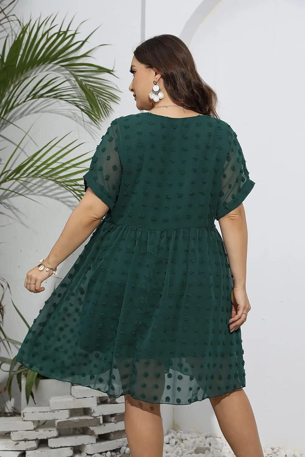HBEYYTO Women's Summer Short Sleeve Sexy V Neck Flowy Mini Dress Plus Size Casual Dress Swiss Dot Short Loose Fit Sun Dress