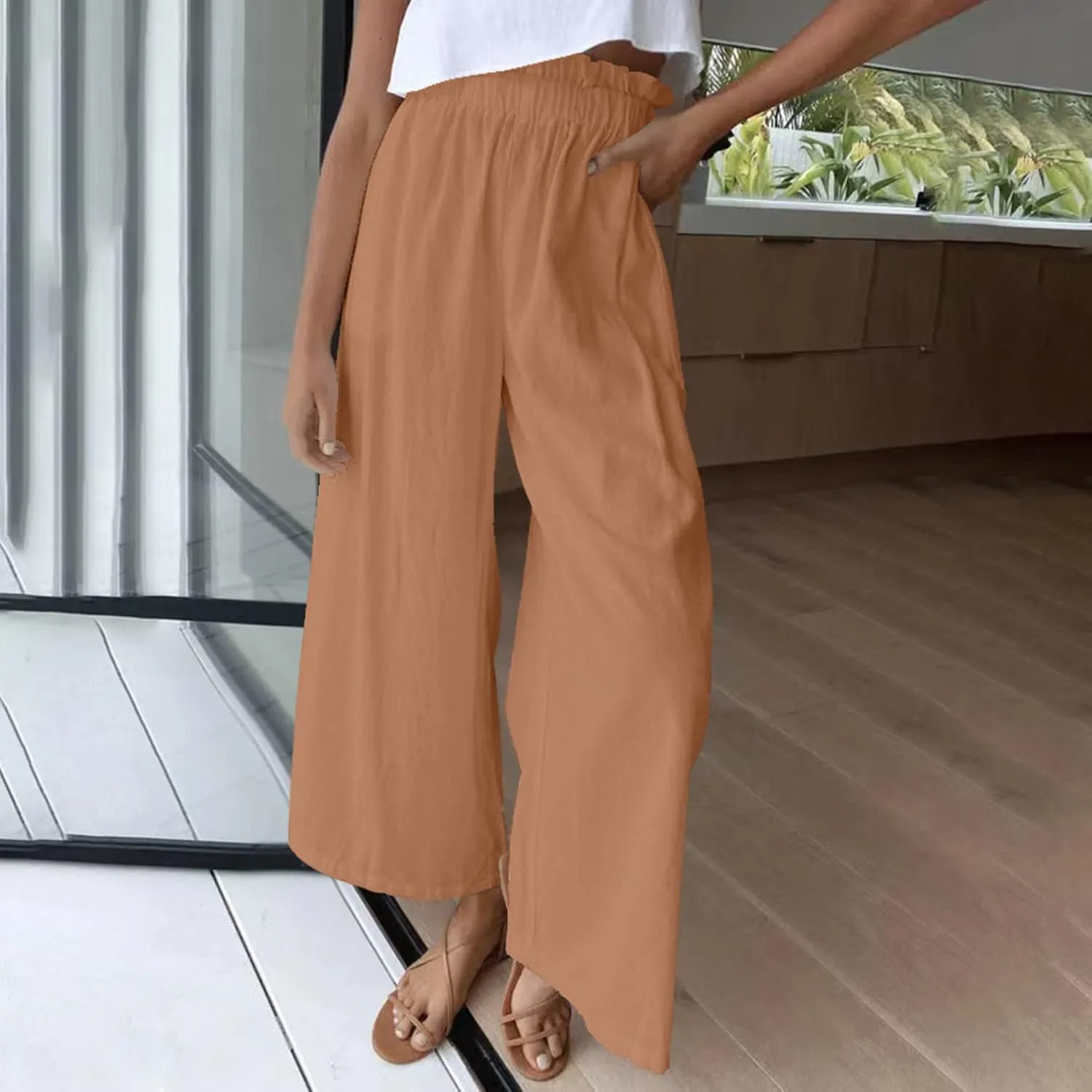 JOAU Women's Solid Wide Leg Palazzo Lounge Pants Casual Straight Leg High Waist Stretch Pants Relaxed Fit Comfy Trousers
