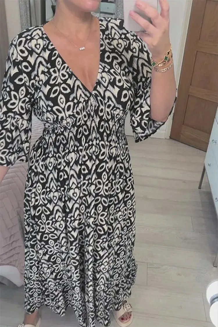 Ladies V Neck Half Sleeve Floral Elegant Dress Elastic Waist Ankle Length Beach Vacation Flowy Loose Fitting Long Dress