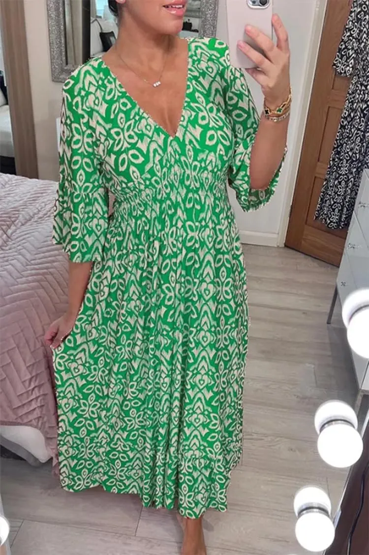 Ladies V Neck Half Sleeve Floral Elegant Dress Elastic Waist Ankle Length Beach Vacation Flowy Loose Fitting Long Dress