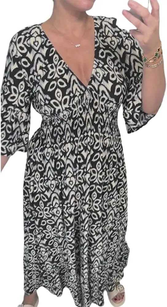 Ladies V Neck Half Sleeve Floral Elegant Dress Elastic Waist Ankle Length Beach Vacation Flowy Loose Fitting Long Dress