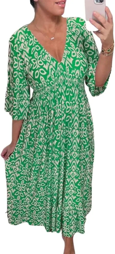 Ladies V Neck Half Sleeve Floral Elegant Dress Elastic Waist Ankle Length Beach Vacation Flowy Loose Fitting Long Dress