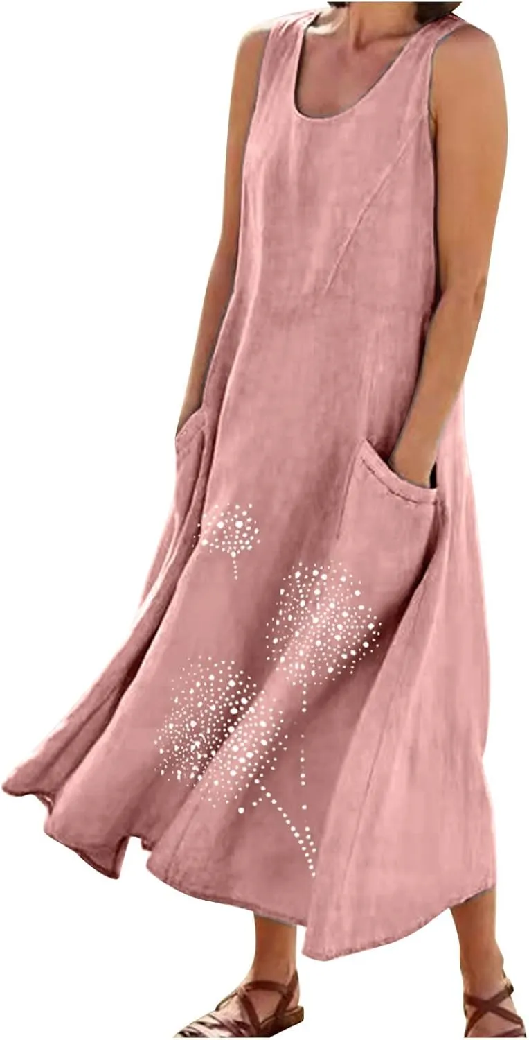 Linen Dress Women Summer Print Loose Casual Beach Vacation Flowy Maxi Dress with Pockets Long Flowy Boho Dresses