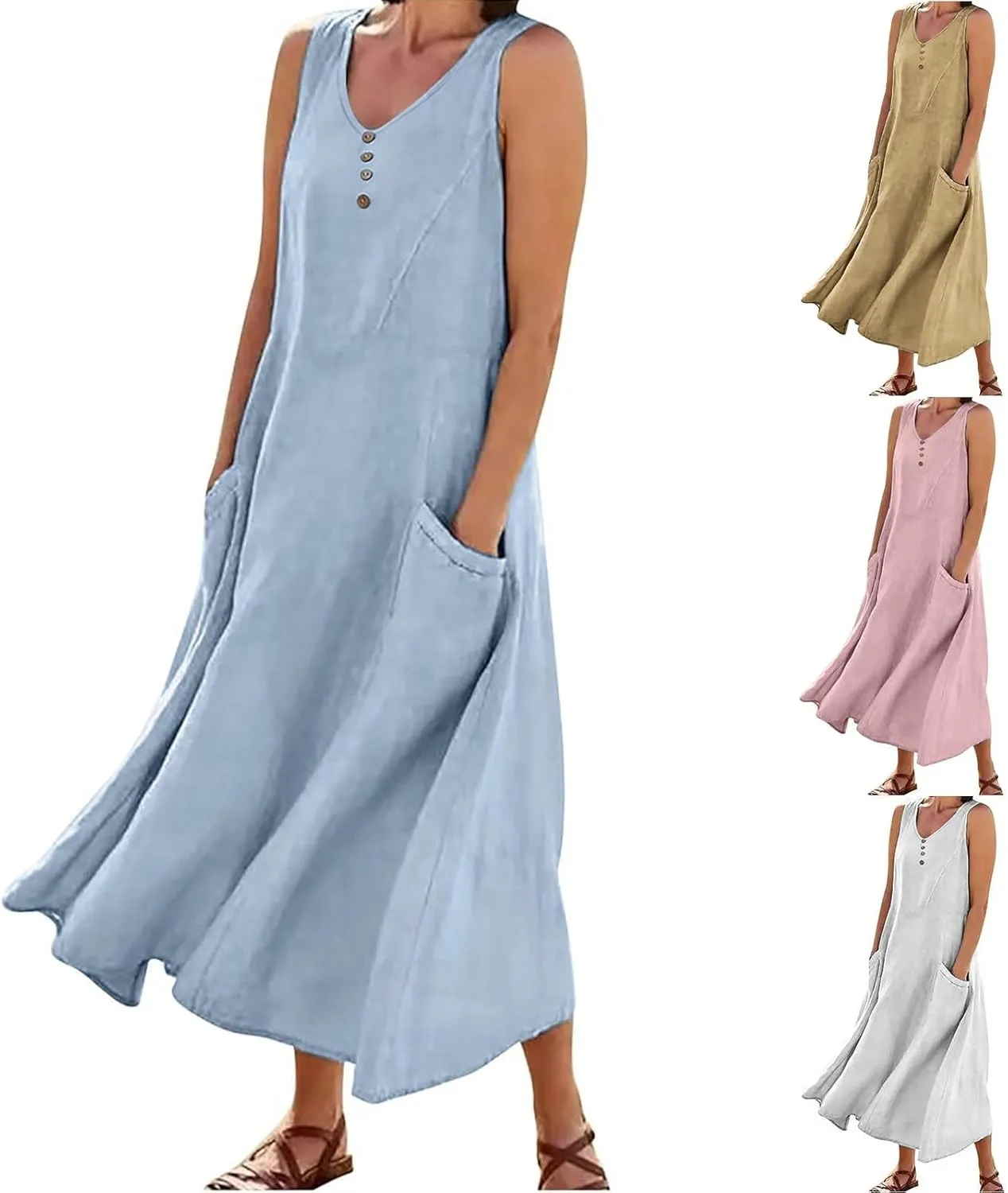 Linen Dress Women Summer Print Loose Casual Beach Vacation Flowy Maxi Dress with Pockets Long Flowy Boho Dresses