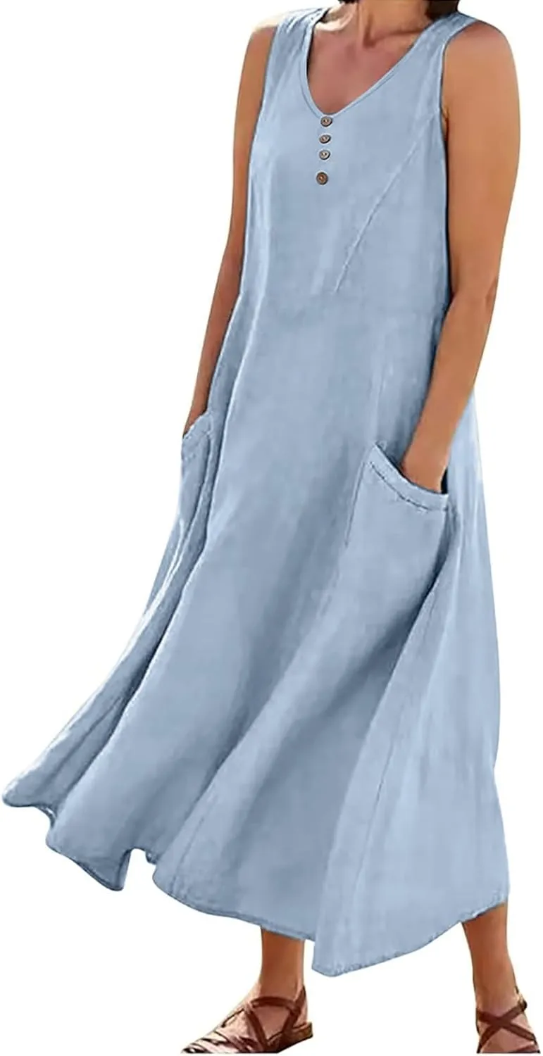 Linen Dress Women Summer Print Loose Casual Beach Vacation Flowy Maxi Dress with Pockets Long Flowy Boho Dresses