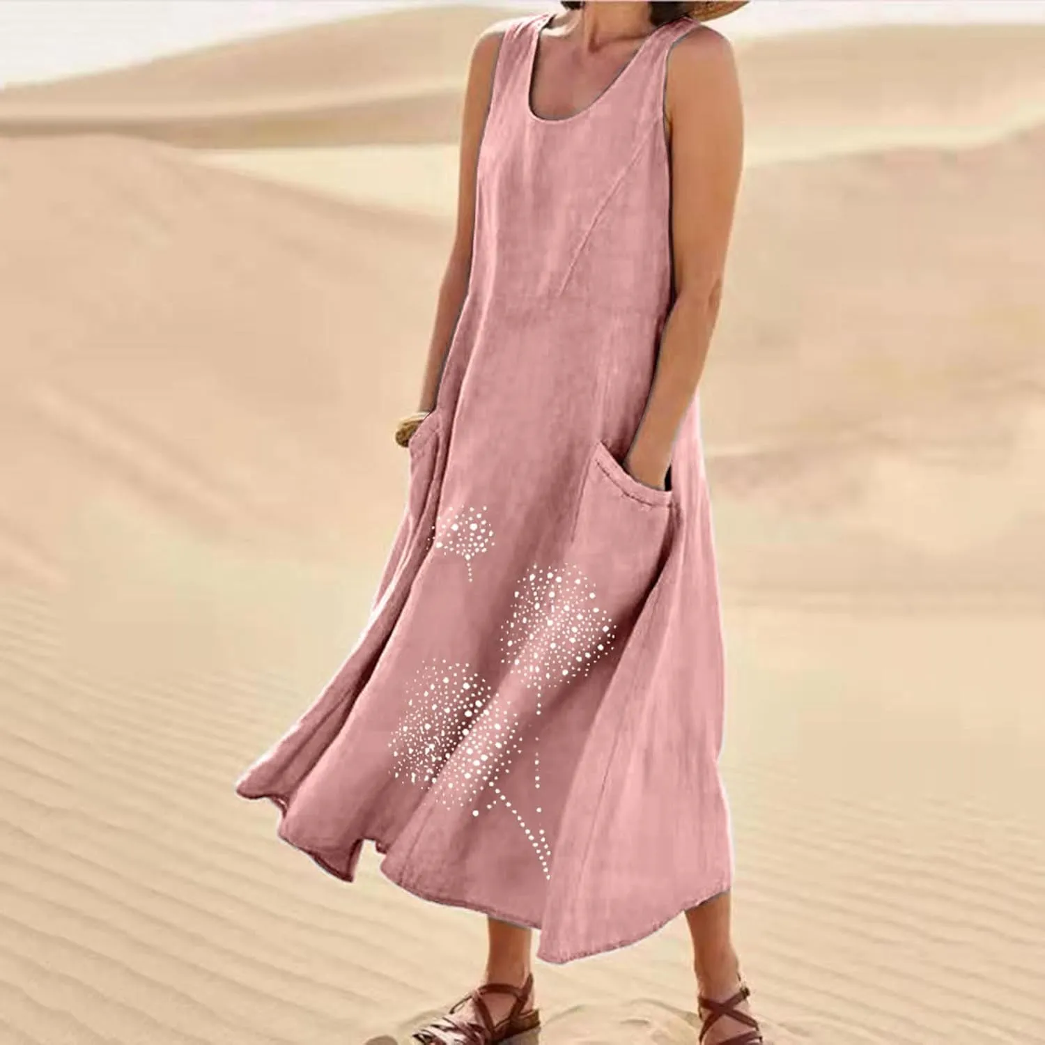 Linen Dress Women Summer Print Loose Casual Beach Vacation Flowy Maxi Dress with Pockets Long Flowy Boho Dresses