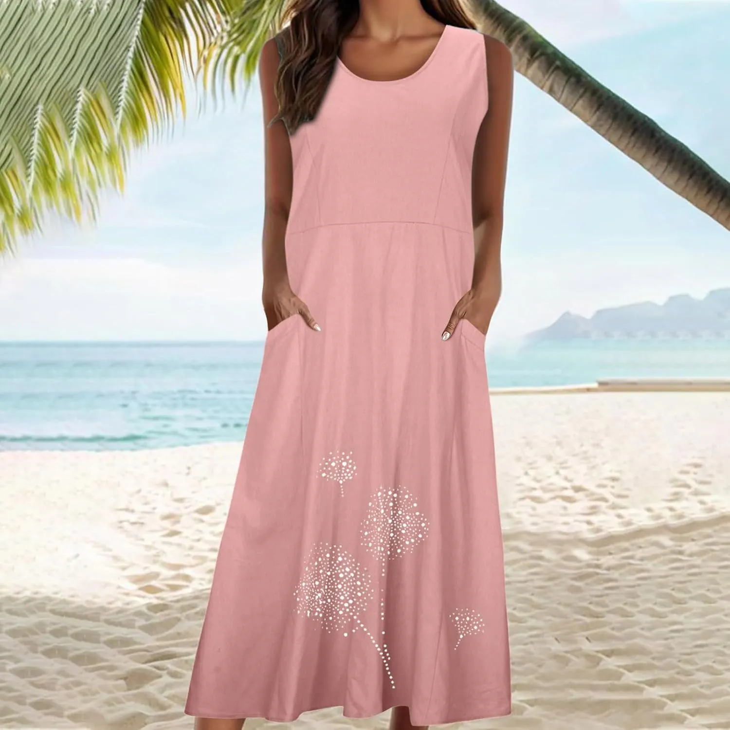 Linen Dress Women Summer Print Loose Casual Beach Vacation Flowy Maxi Dress with Pockets Long Flowy Boho Dresses