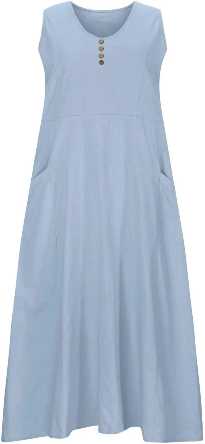 Linen Dress Women Summer Print Loose Casual Beach Vacation Flowy Maxi Dress with Pockets Long Flowy Boho Dresses