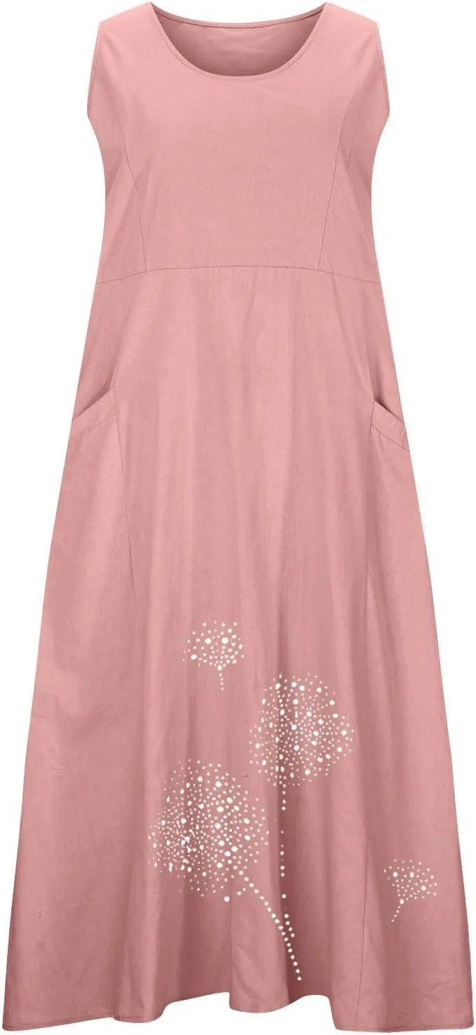 Linen Dress Women Summer Print Loose Casual Beach Vacation Flowy Maxi Dress with Pockets Long Flowy Boho Dresses