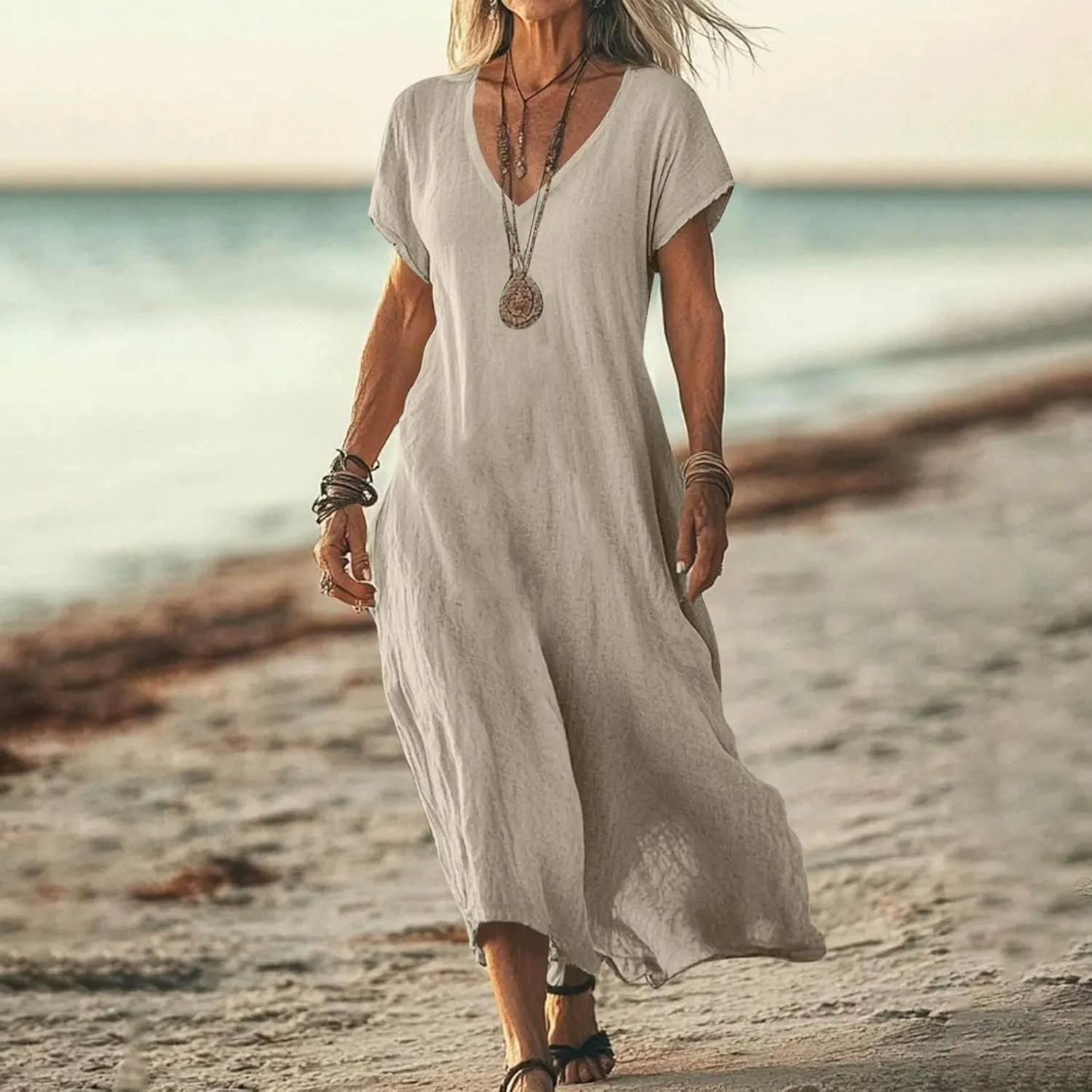 Maxi Shift Dresses for Women Summer V Neck Short Sleeve Solid Color Casual Swing Flowy Ankle Length Dress