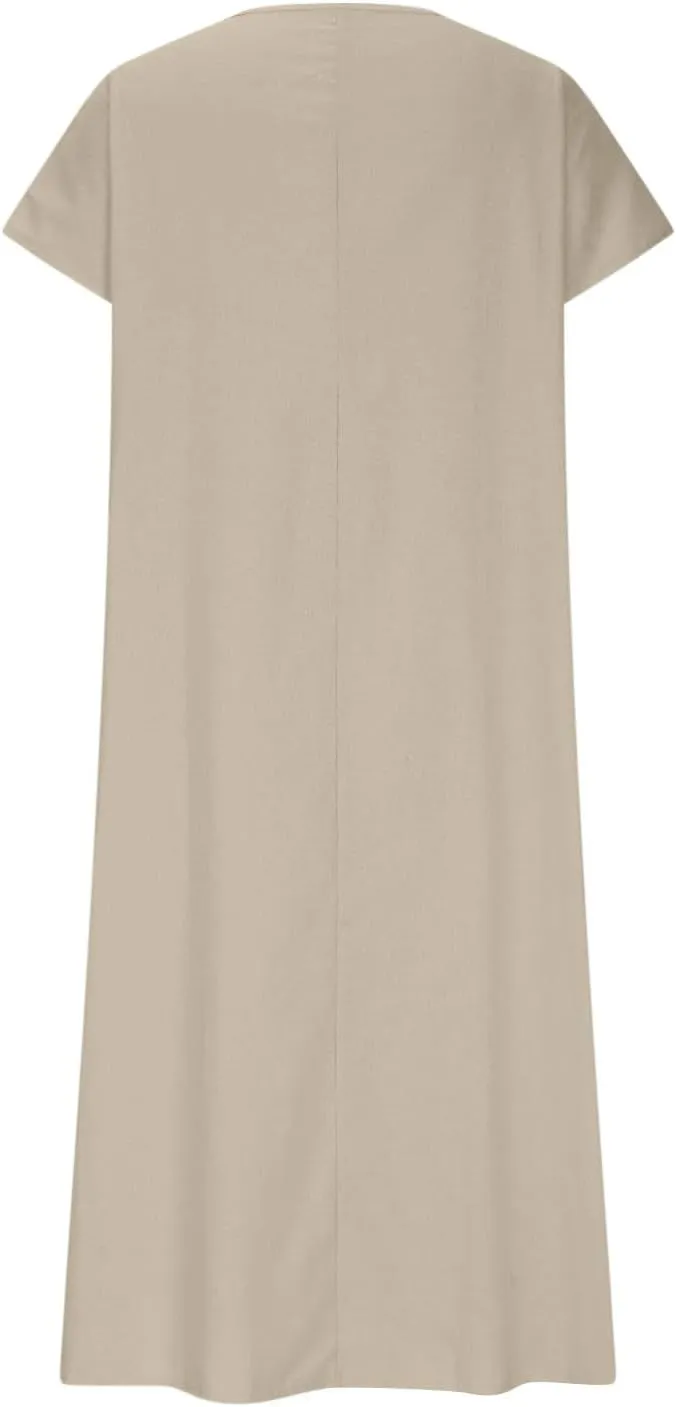 Maxi Shift Dresses for Women Summer V Neck Short Sleeve Solid Color Casual Swing Flowy Ankle Length Dress
