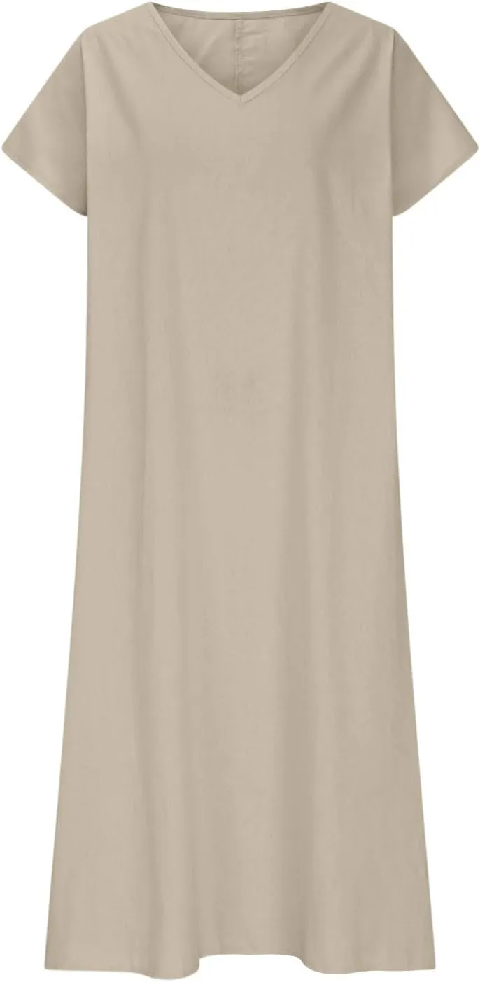 Maxi Shift Dresses for Women Summer V Neck Short Sleeve Solid Color Casual Swing Flowy Ankle Length Dress