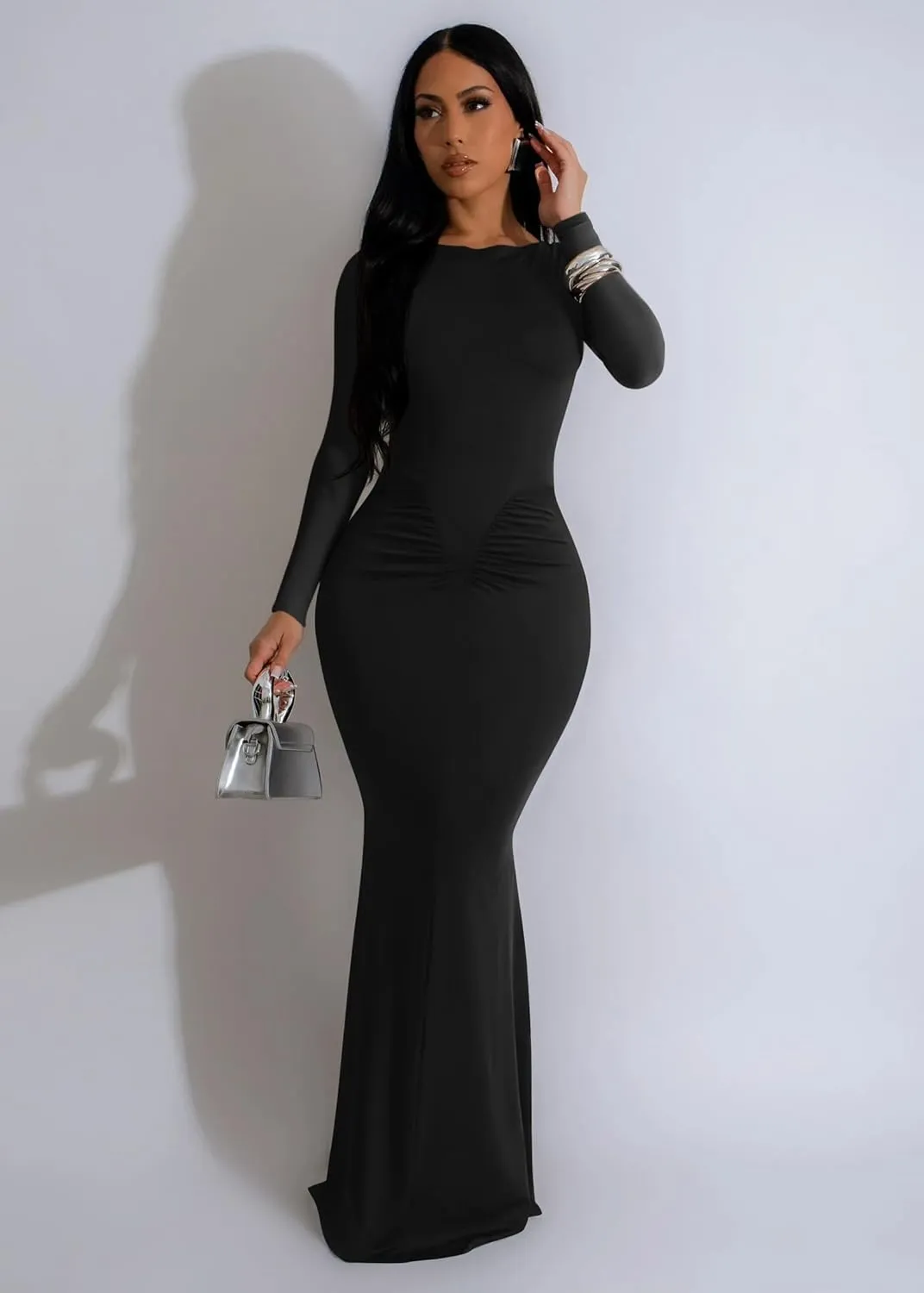 Memoriesea Women's Elegant Crew Neck Long Sleeve Ruched Bodycon Evening Party Maxi Dress