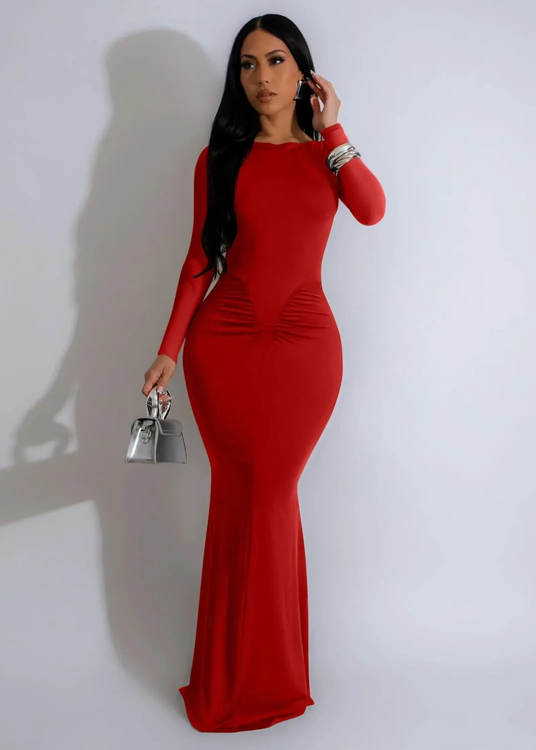 Memoriesea Women's Elegant Crew Neck Long Sleeve Ruched Bodycon Evening Party Maxi Dress