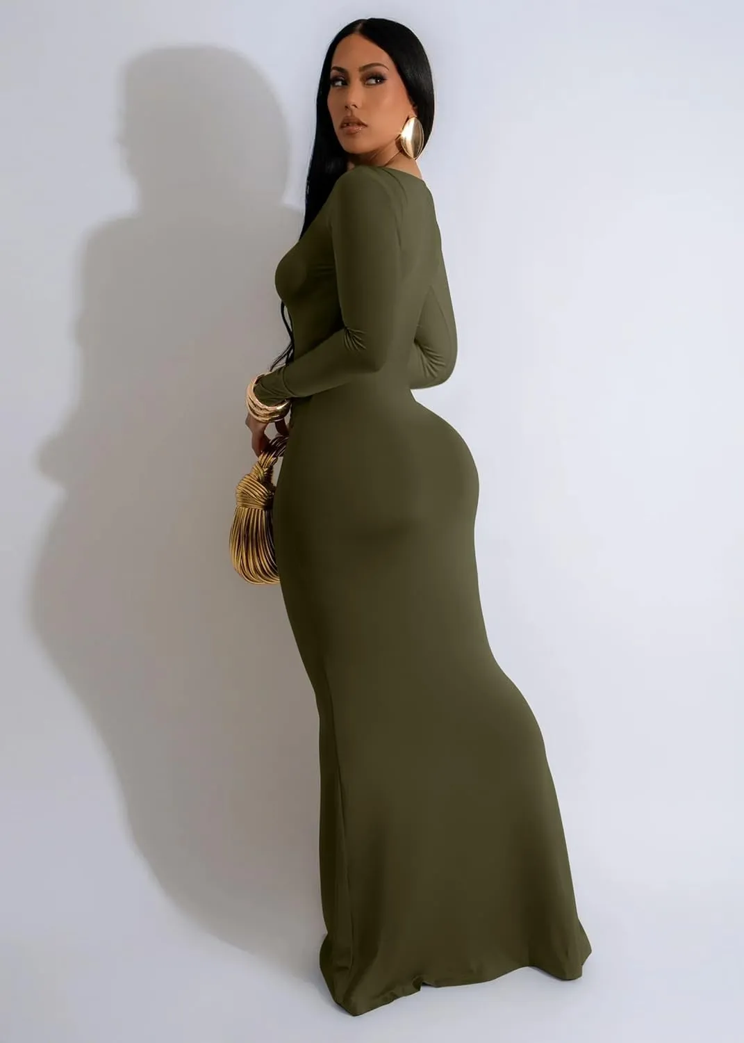 Memoriesea Women's Elegant Crew Neck Long Sleeve Ruched Bodycon Evening Party Maxi Dress