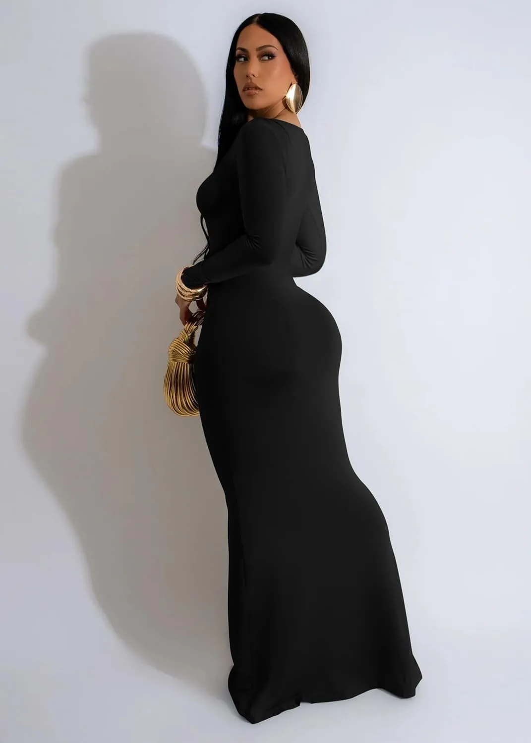 Memoriesea Women's Elegant Crew Neck Long Sleeve Ruched Bodycon Evening Party Maxi Dress