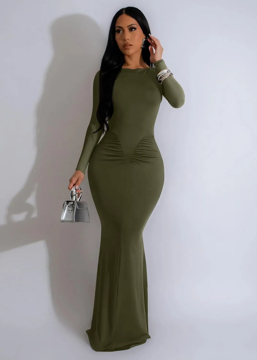 Memoriesea Women's Elegant Crew Neck Long Sleeve Ruched Bodycon Evening Party Maxi Dress
