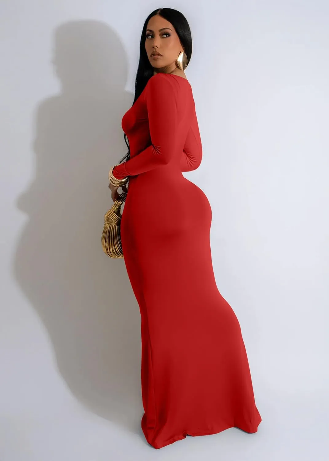 Memoriesea Women's Elegant Crew Neck Long Sleeve Ruched Bodycon Evening Party Maxi Dress