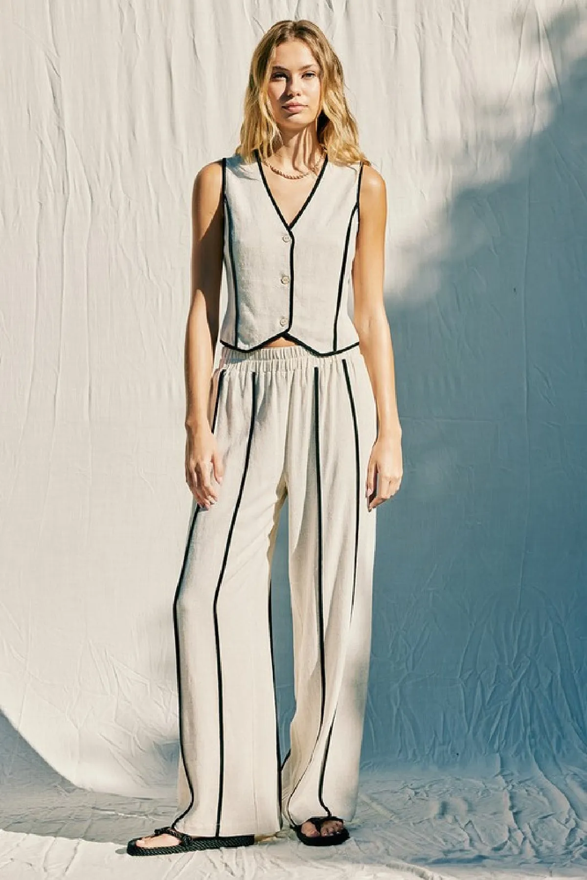 Mercy Sleeveless Contrast Linen Vest And Pants Natural