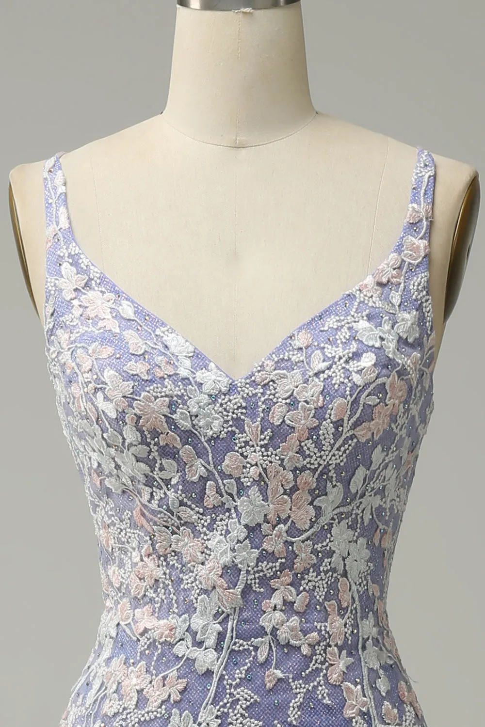Mermaid V Neck Light Purple Long Prom Dress with Appliques Beading