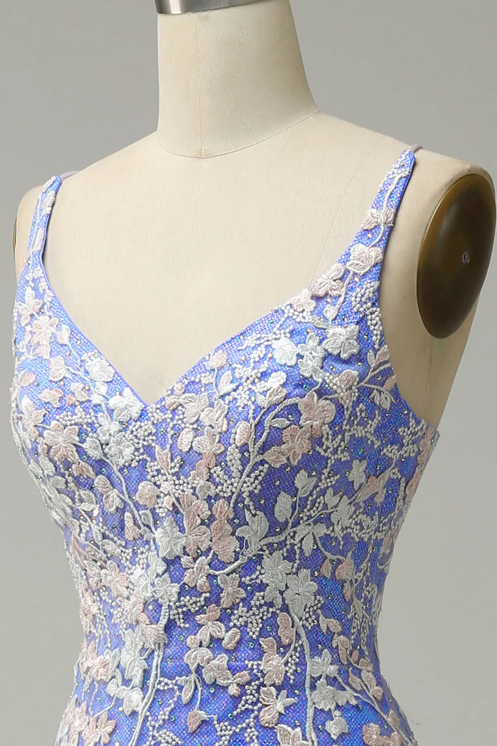 Mermaid V Neck Light Purple Long Prom Dress with Appliques Beading