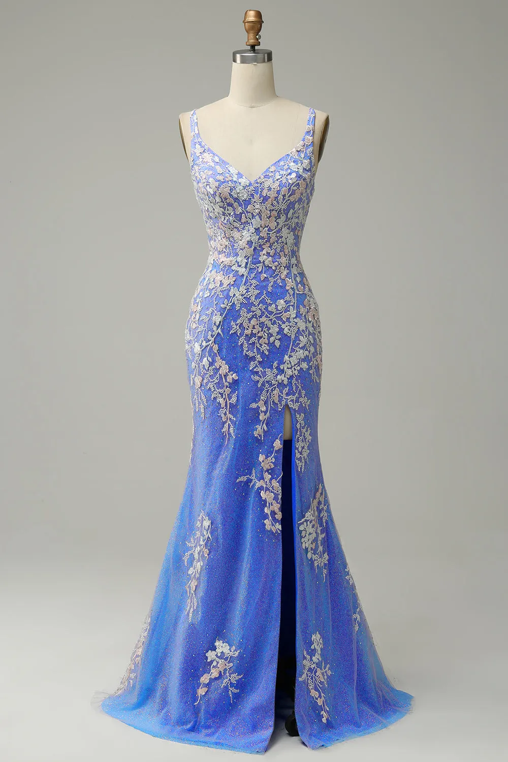 Mermaid V Neck Light Purple Long Prom Dress with Appliques Beading