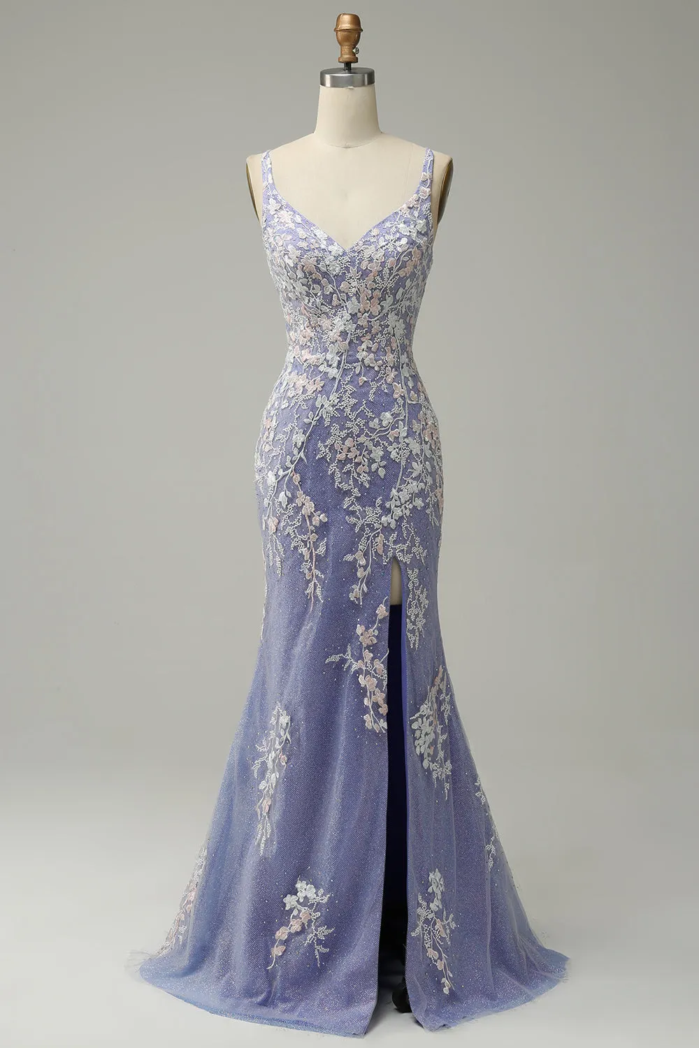 Mermaid V Neck Light Purple Long Prom Dress with Appliques Beading