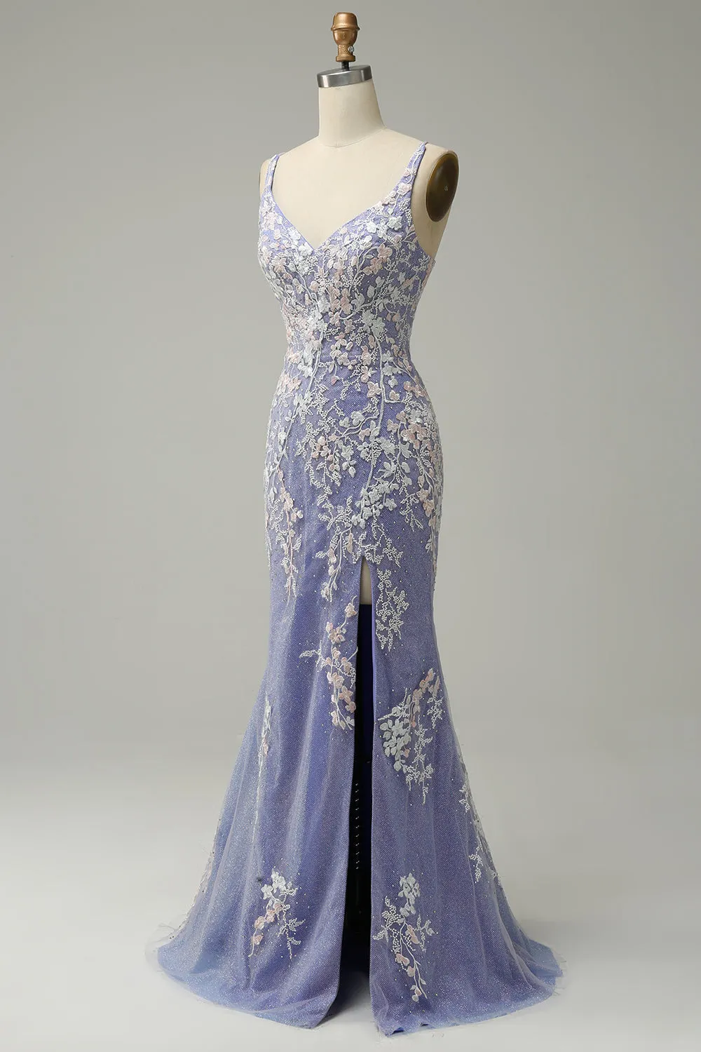 Mermaid V Neck Light Purple Long Prom Dress with Appliques Beading