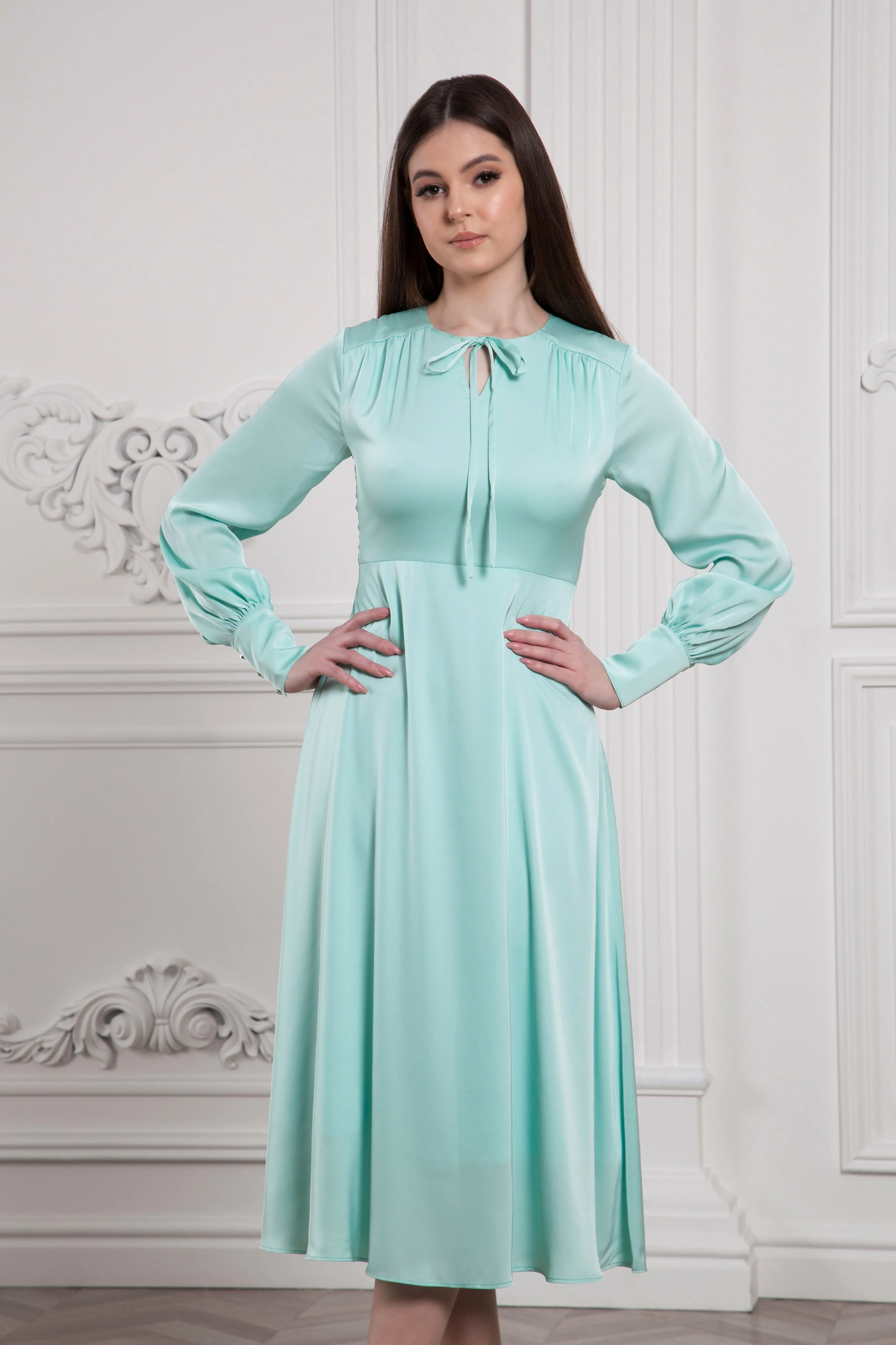 Mint necktie flowy midi dress