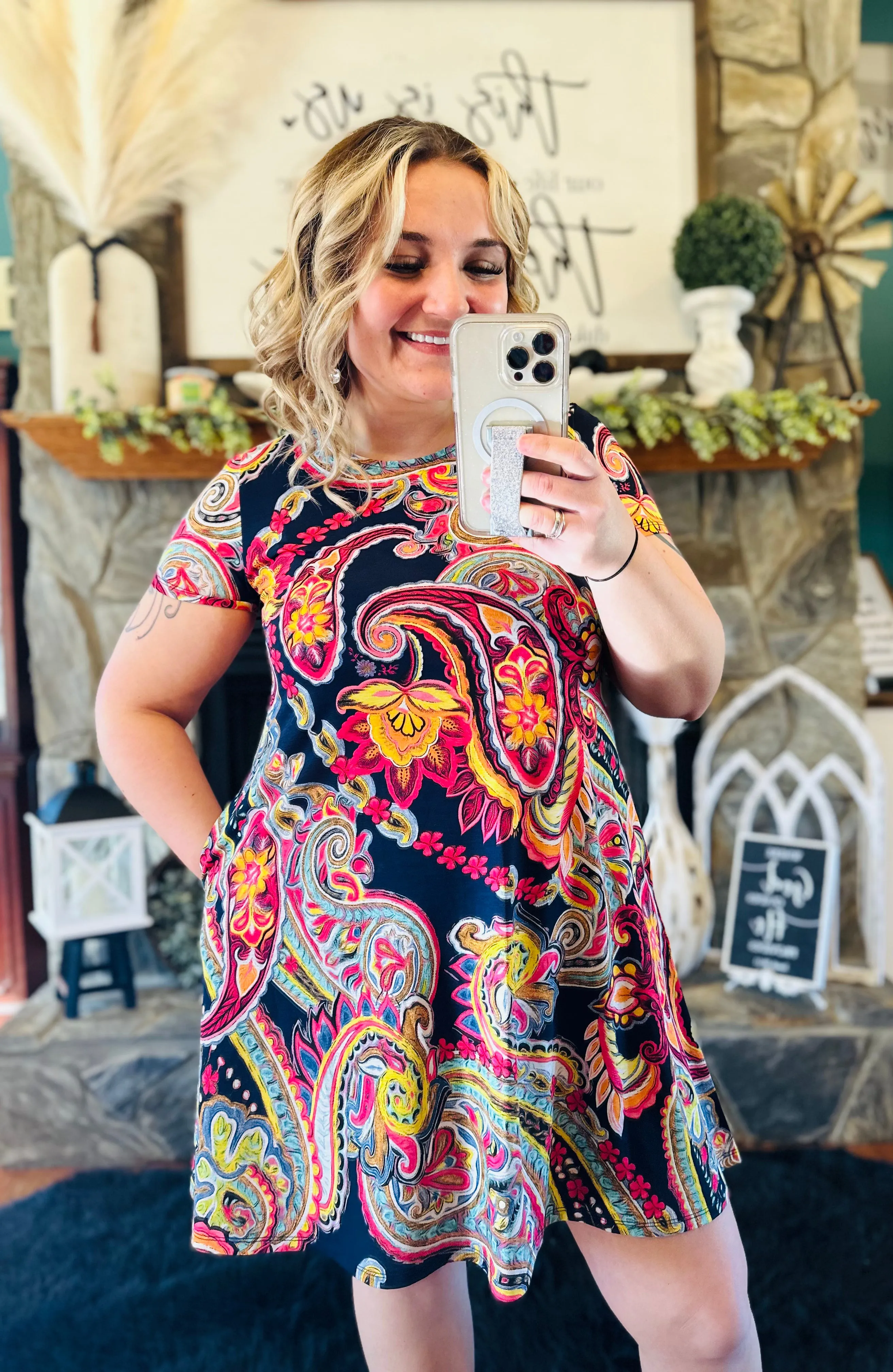 Navy Paisley Floral Dress With Pockets