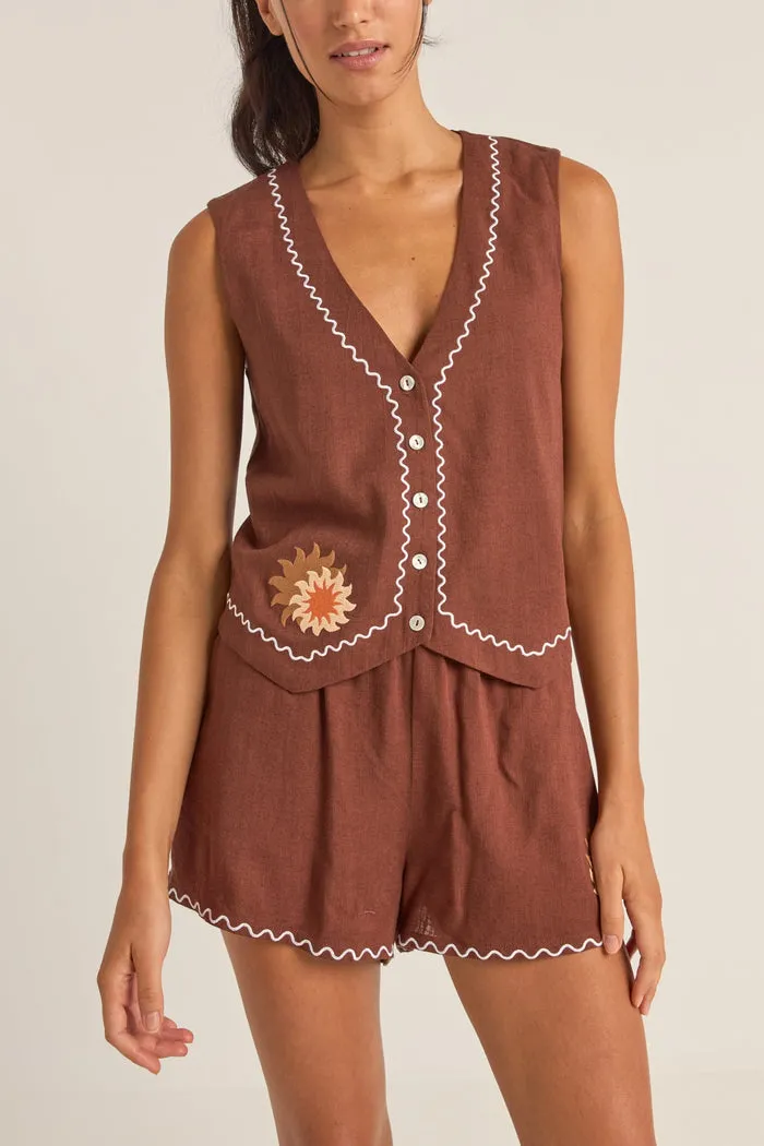 Rhythm Solis Embroidered Vest - CHOCOLATE