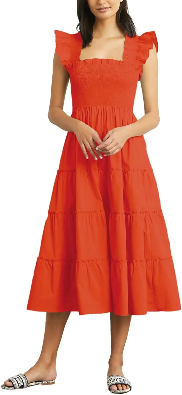Rooscier Women's Square Neck Smocked Ruffle Sleeveless Sundress Tiered A Line Midi Dress