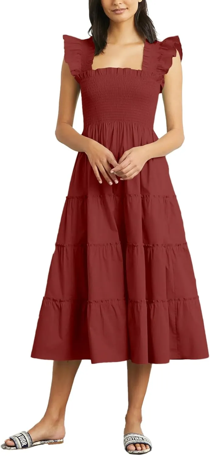 Rooscier Women's Square Neck Smocked Ruffle Sleeveless Sundress Tiered A Line Midi Dress