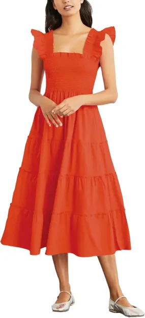 Rooscier Women's Square Neck Smocked Ruffle Sleeveless Sundress Tiered A Line Midi Dress