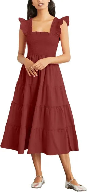 Rooscier Women's Square Neck Smocked Ruffle Sleeveless Sundress Tiered A Line Midi Dress