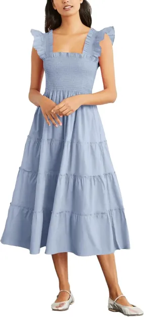 Rooscier Women's Square Neck Smocked Ruffle Sleeveless Sundress Tiered A Line Midi Dress