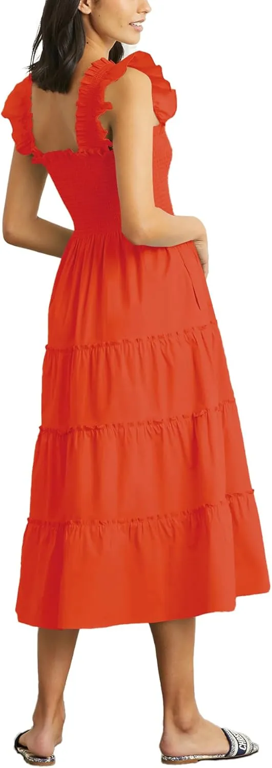 Rooscier Women's Square Neck Smocked Ruffle Sleeveless Sundress Tiered A Line Midi Dress