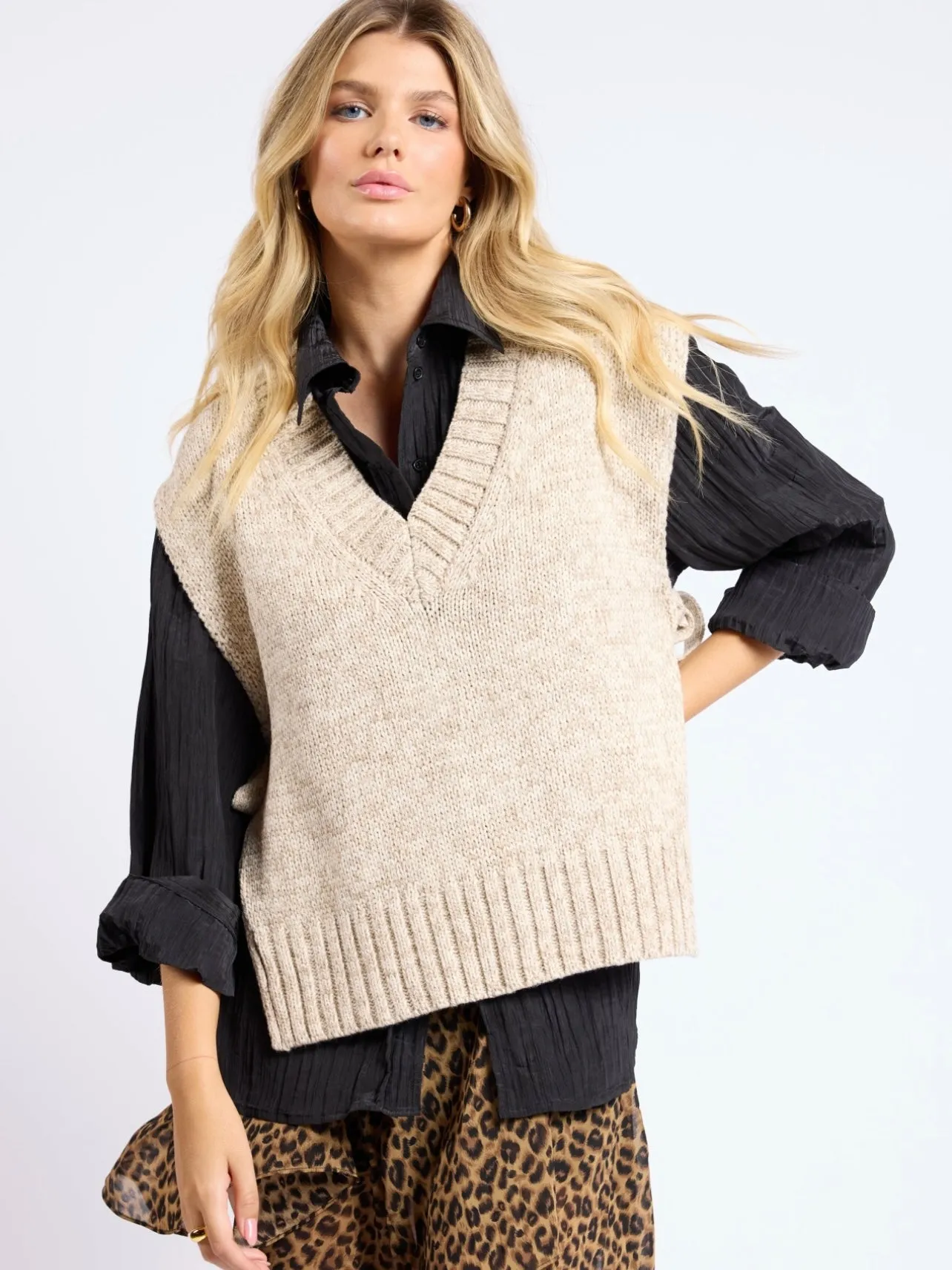 Sage the Label Individually Side Tie Sweater Vest- Oatmeal