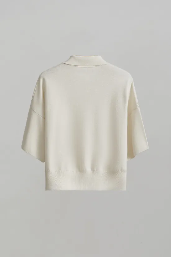 Silk Blend Drop Shoulder Short Sleeve Knit Polo