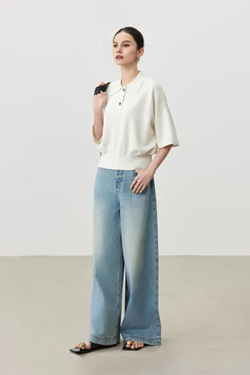 Silk Blend Drop Shoulder Short Sleeve Knit Polo