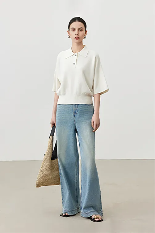 Silk Blend Drop Shoulder Short Sleeve Knit Polo