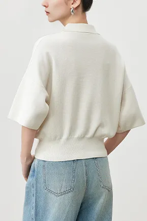 Silk Blend Drop Shoulder Short Sleeve Knit Polo